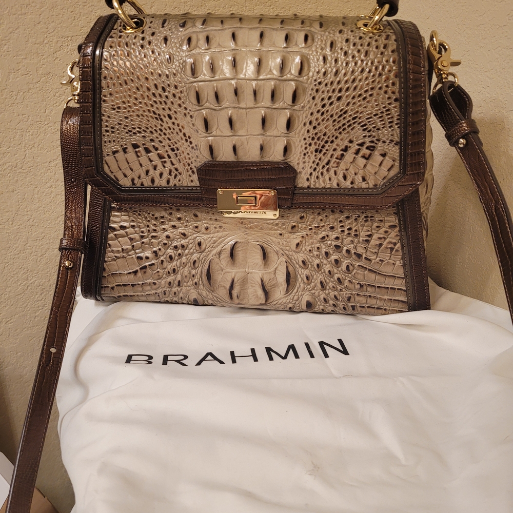 Brahmin Tan and Brown Crocodile Embossed Leather Bag